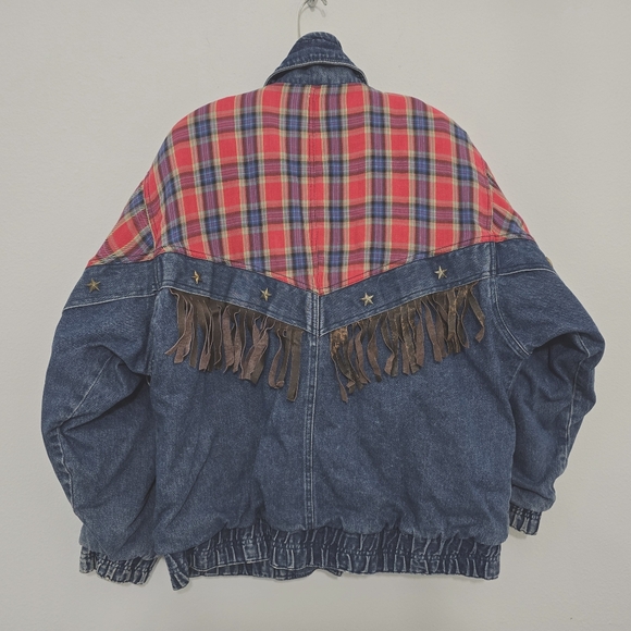 Hot Spices Vintage Denim & Plaid Western Fringe Jacket - Picture 2 of 10